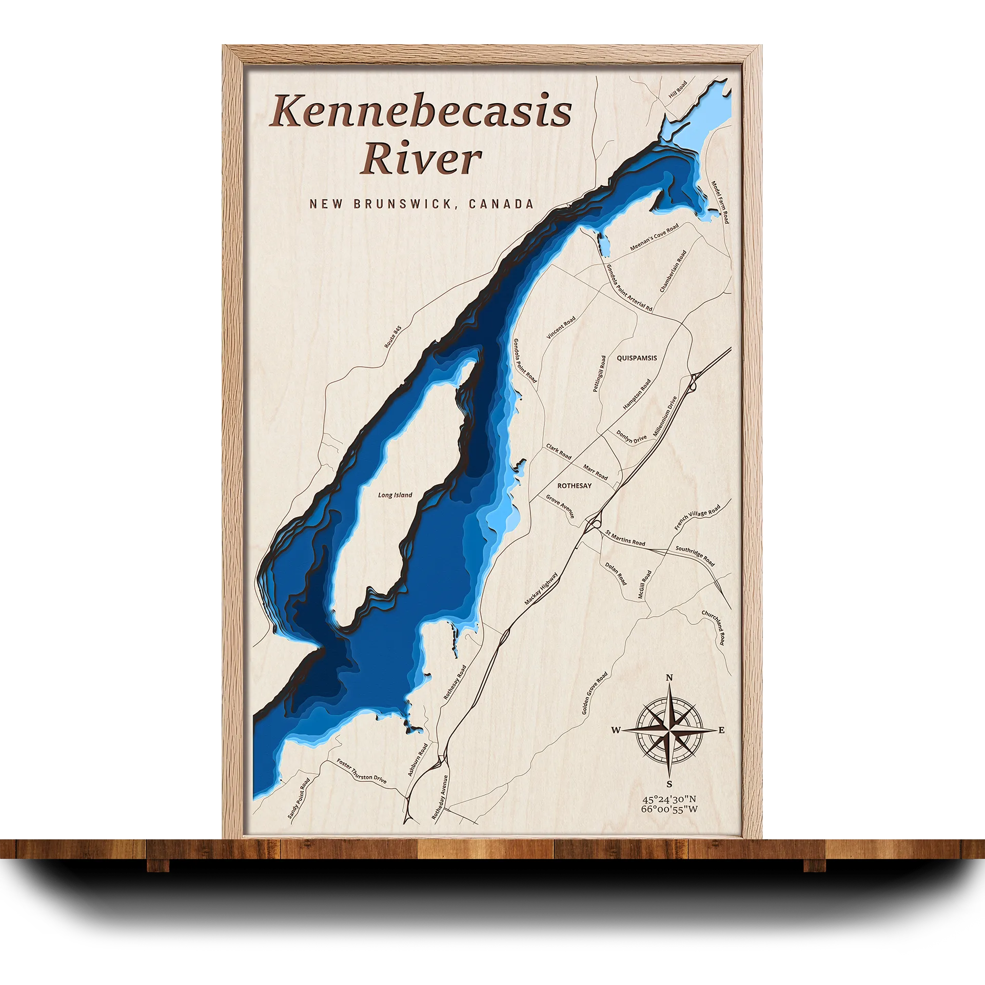 Handcrafted 3D wooden map of Kennebecasis River New Brunswick, 7 water levels and oak frame