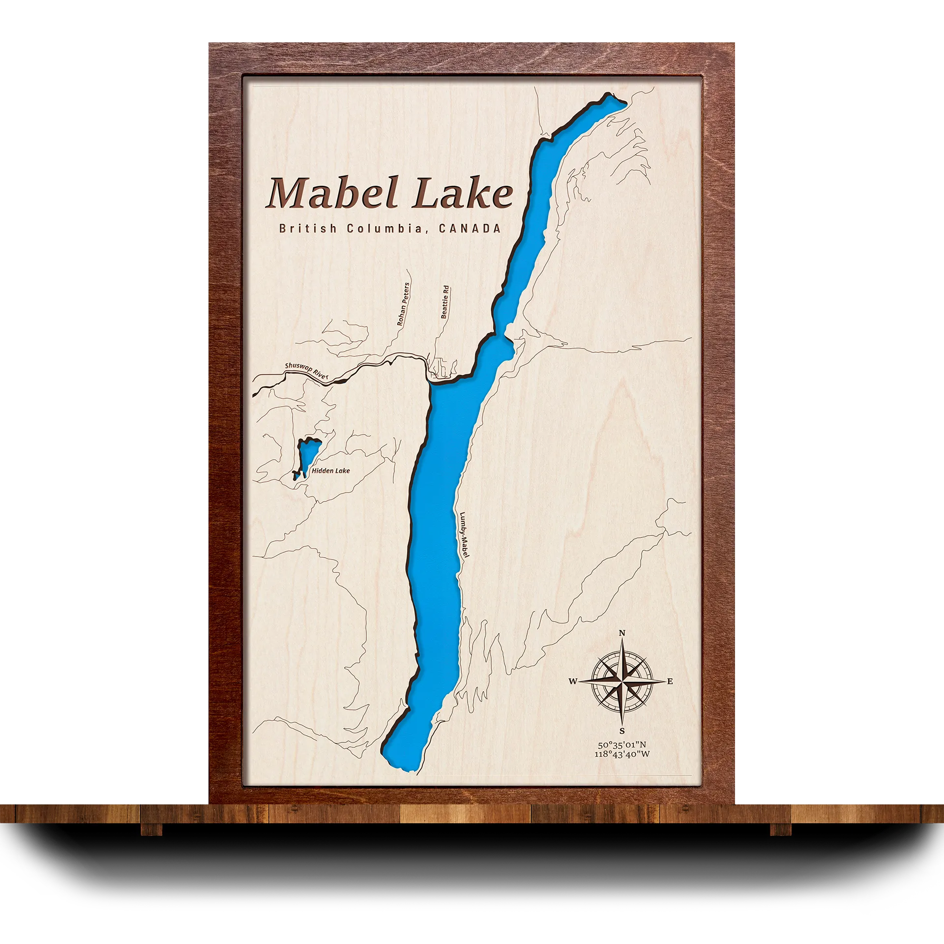 Handcrafted 3D wooden map of Mabel Lake, British Columbia, one water level and plywood frame