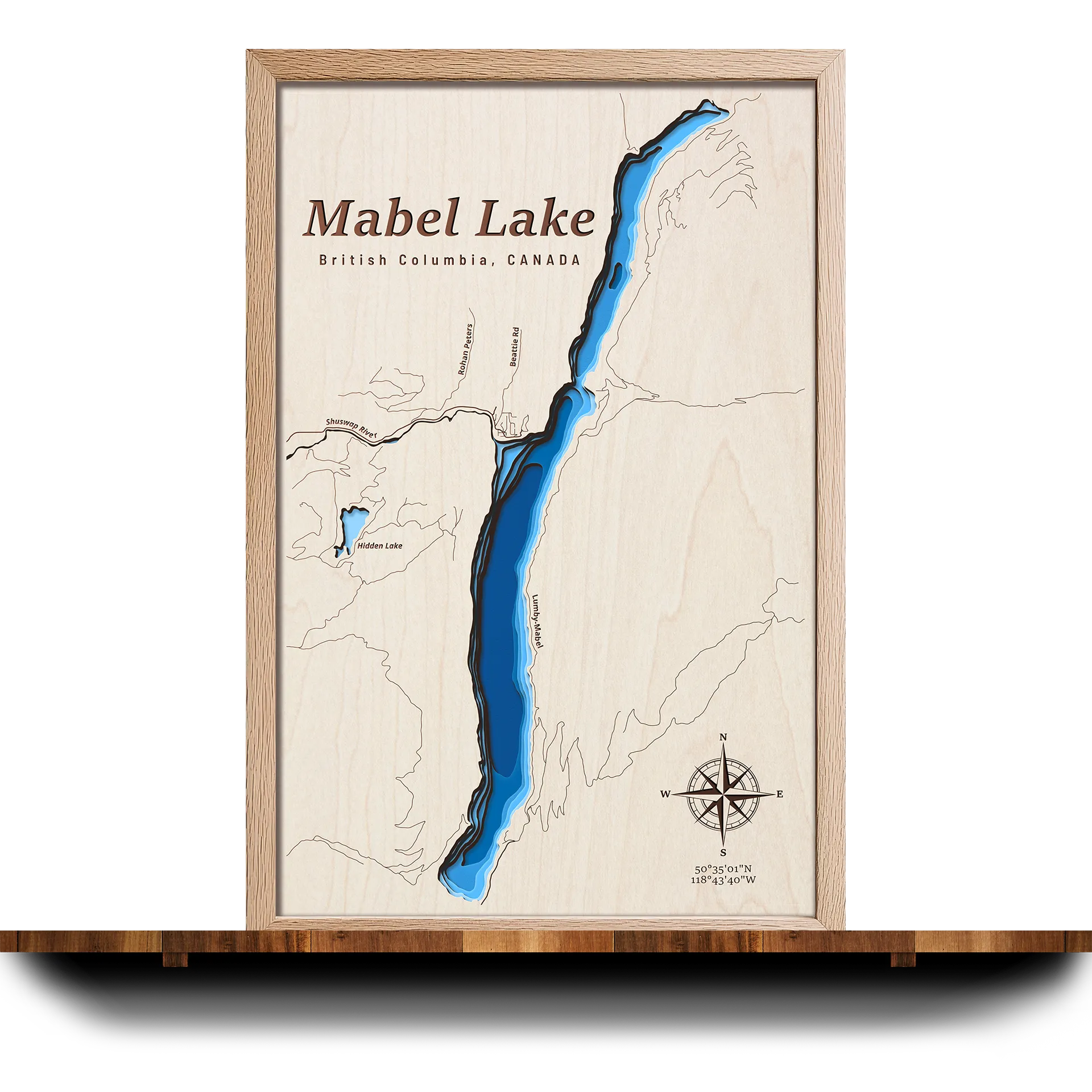 Handcrafted 3D wooden map of Mabel Lake, British Columbia, 5 water levels and oak frame