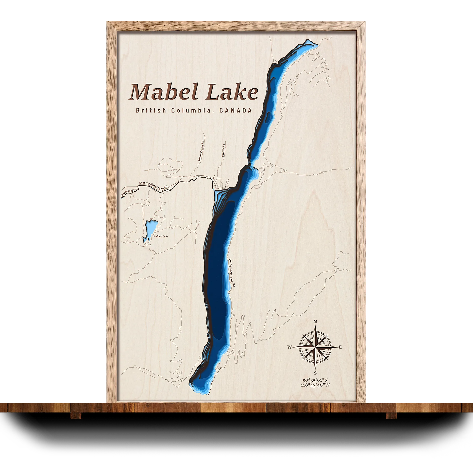 Handcrafted 3D wooden map of Mabel Lake, British Columbia, 7 water levels and oak frame