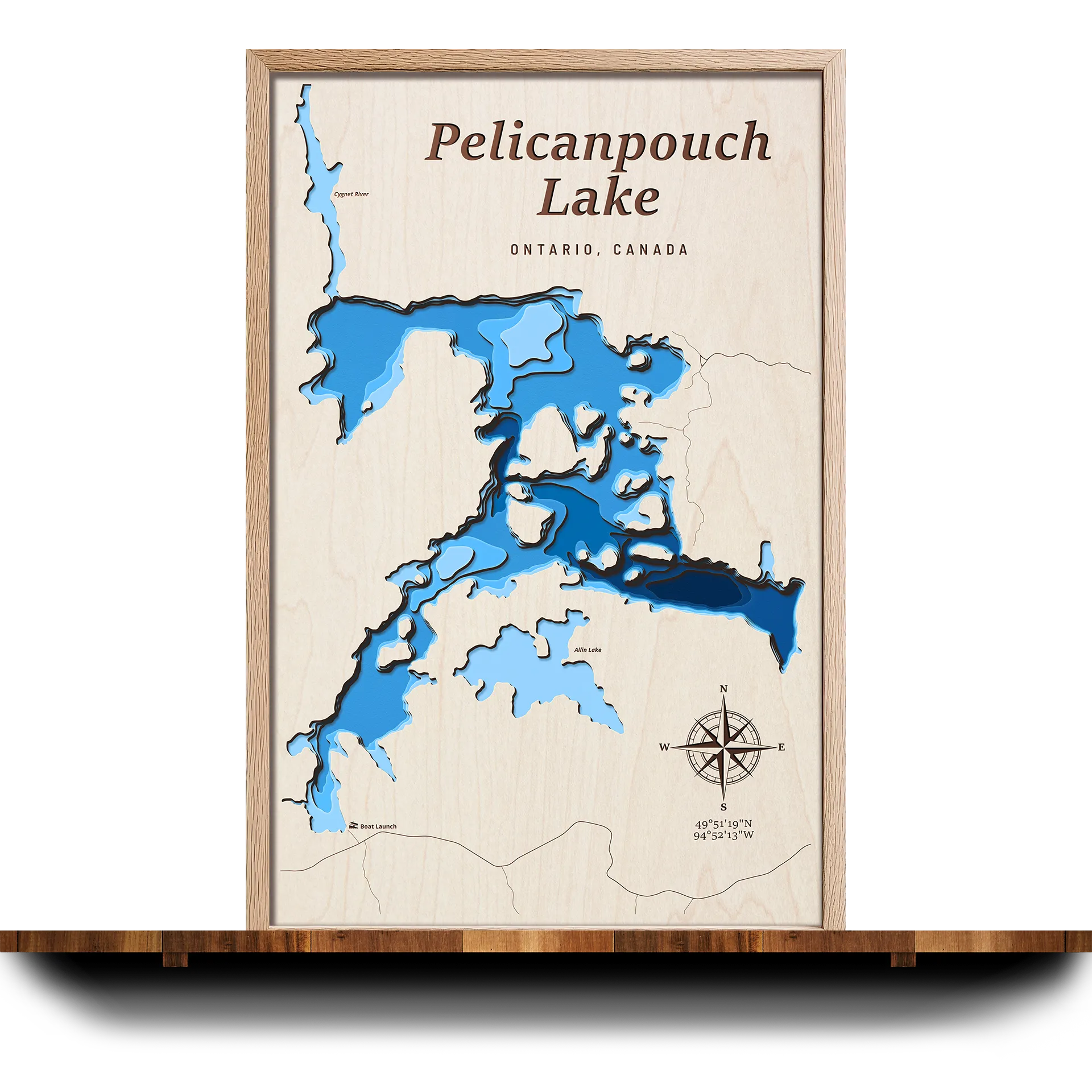 Handcrafted 3D wooden map of Pelicanpouch Lake, Ontario, 7 water levels and oak frame