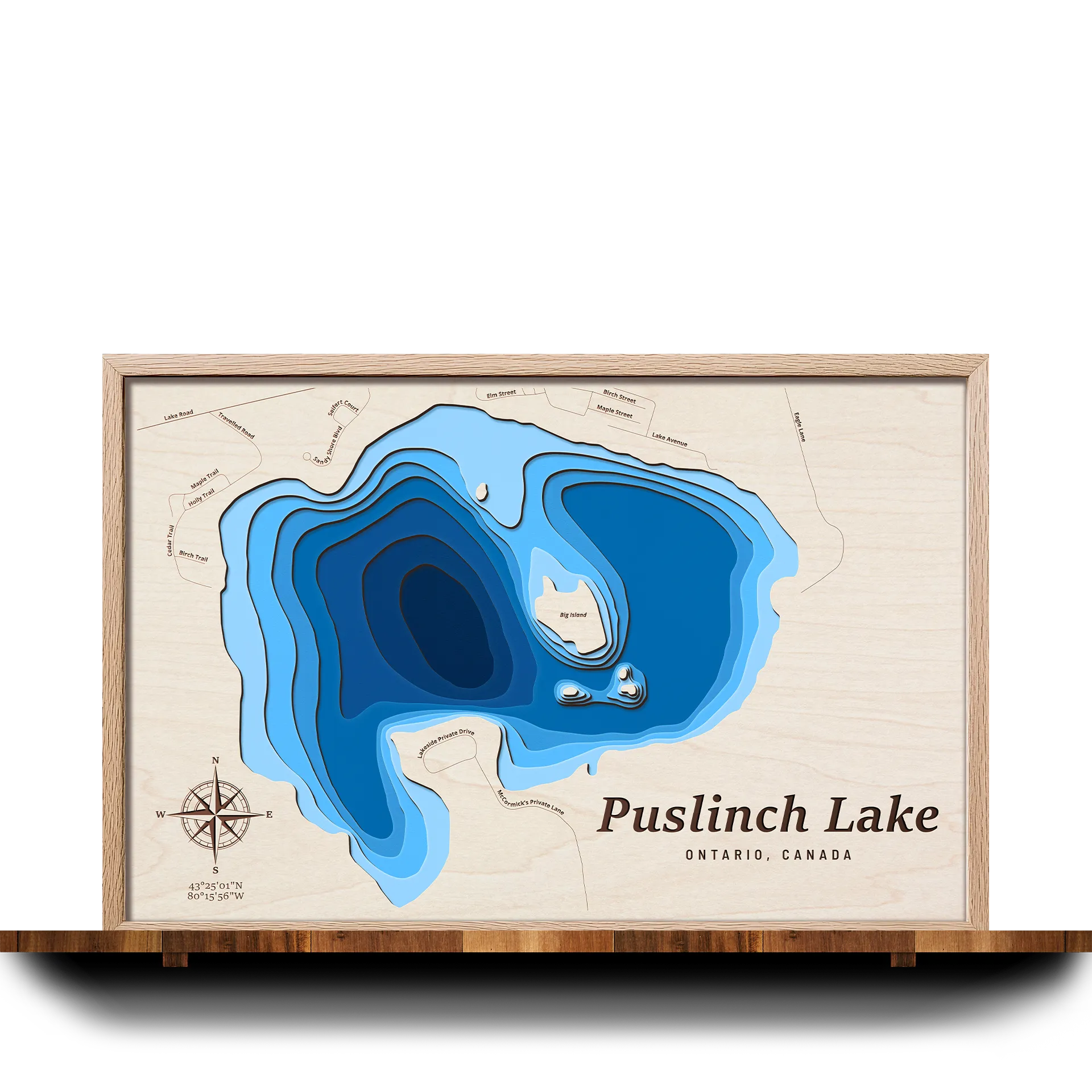 Handcrafted 3D wooden map of Puslinch Lake, Ontario, 7 water levels and oak frame