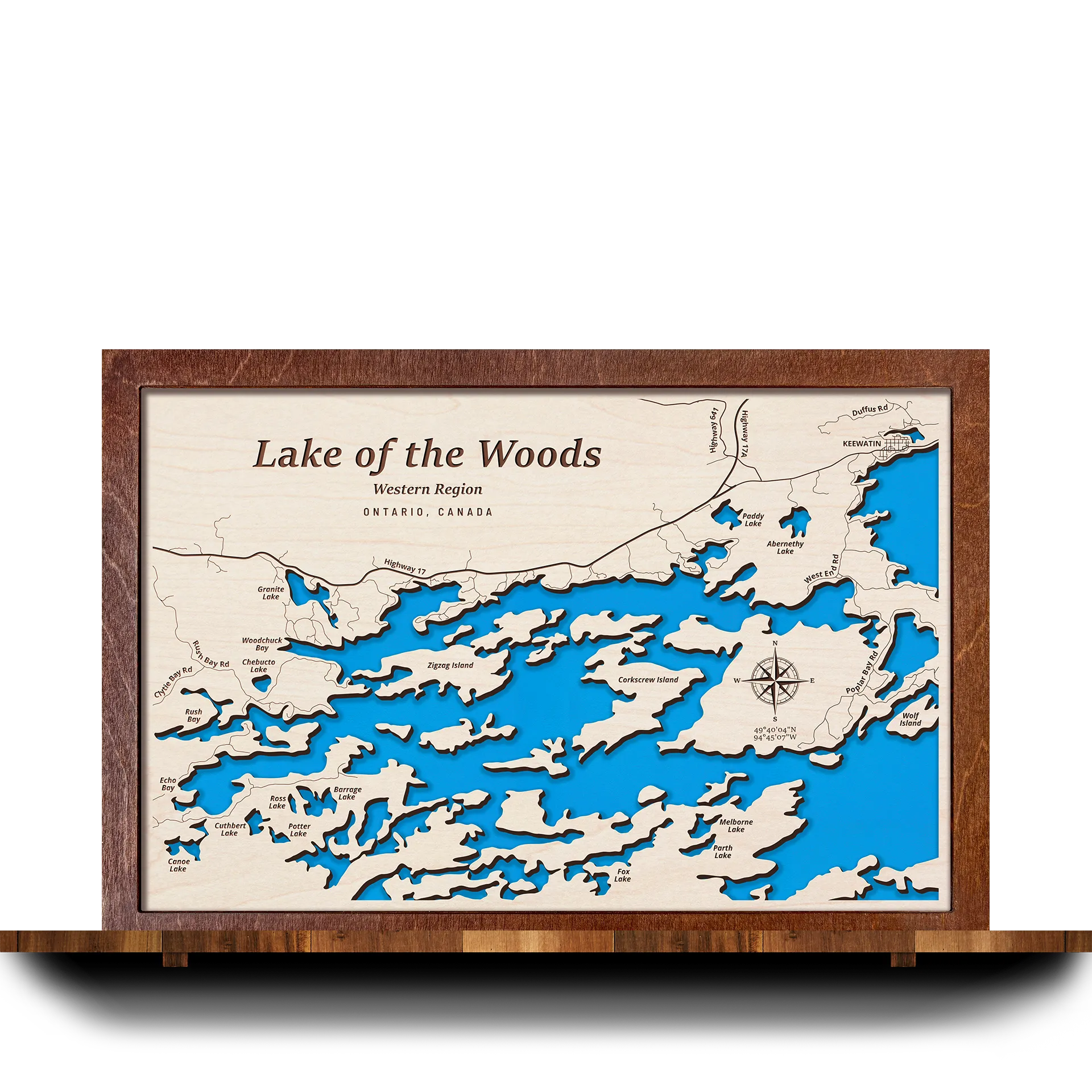 Handcrafted 3D wooden map of Lake of the Woods (Western Region), Ontario, one water level and plywood frame