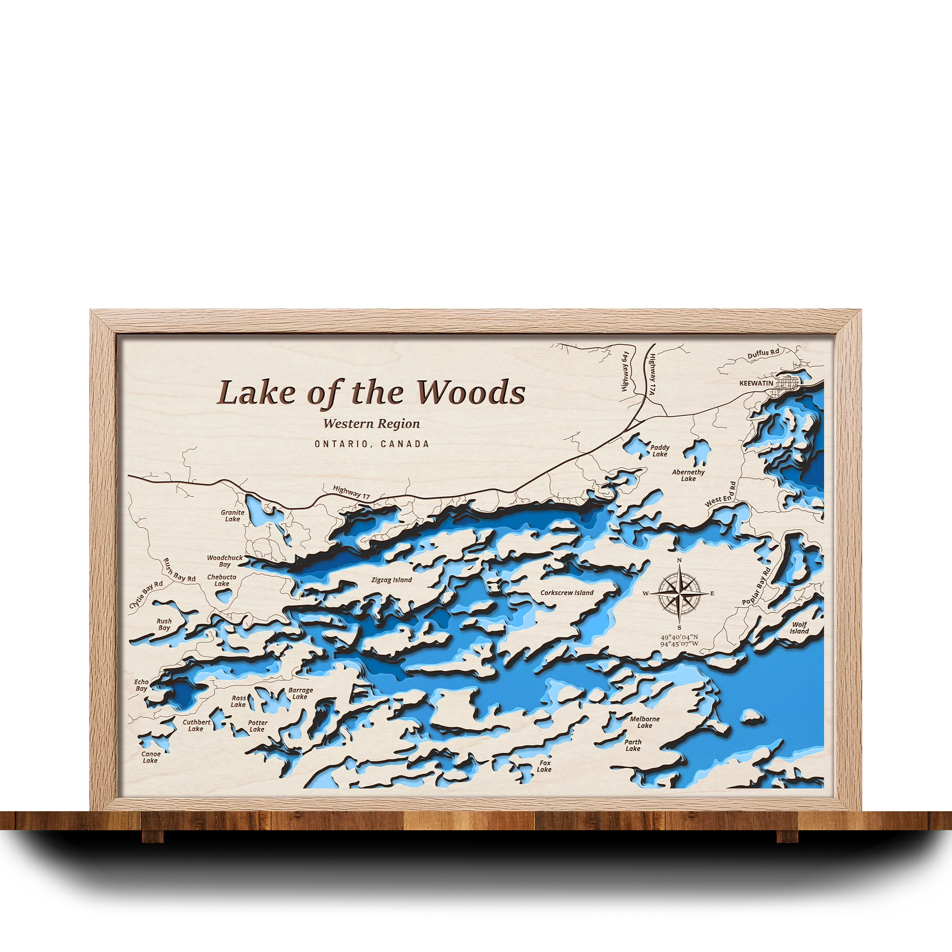 Handcrafted 3D wooden map of Lake of the Woods (Western Region), Ontario, 5 water levels and oak frame