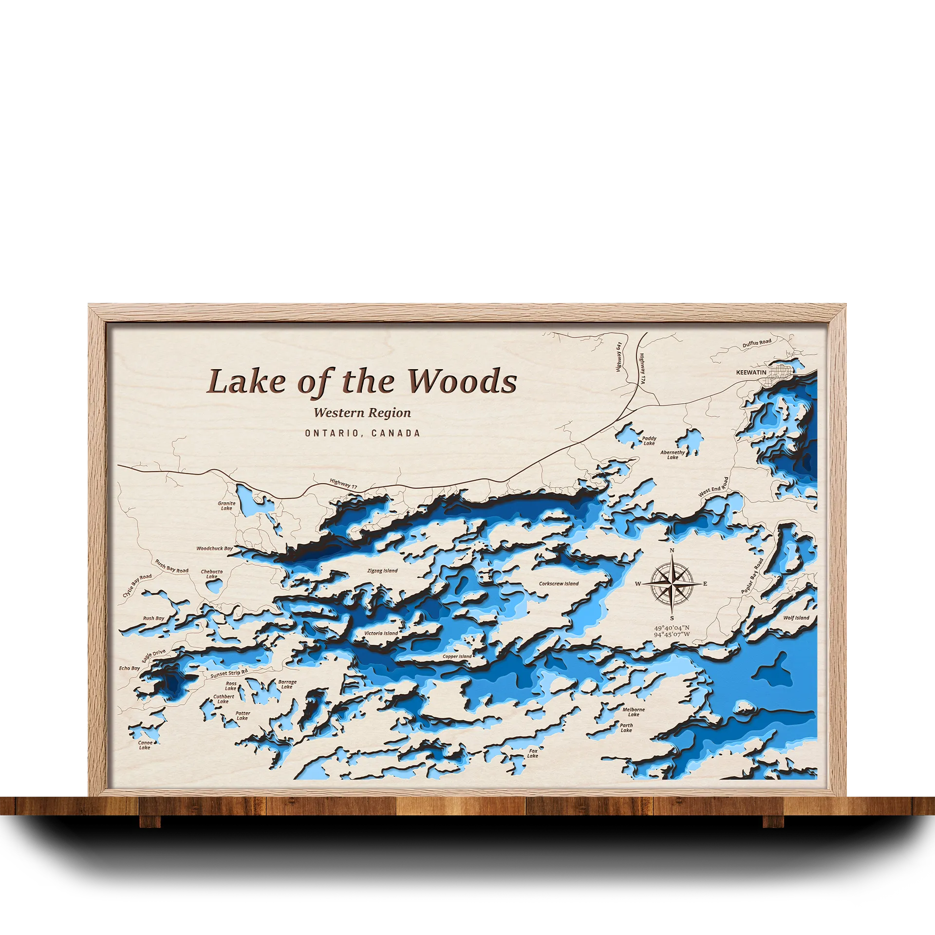 Handcrafted 3D wooden map of Lake of the Woods (Western Region), Ontario, 7 water levels and oak frame
