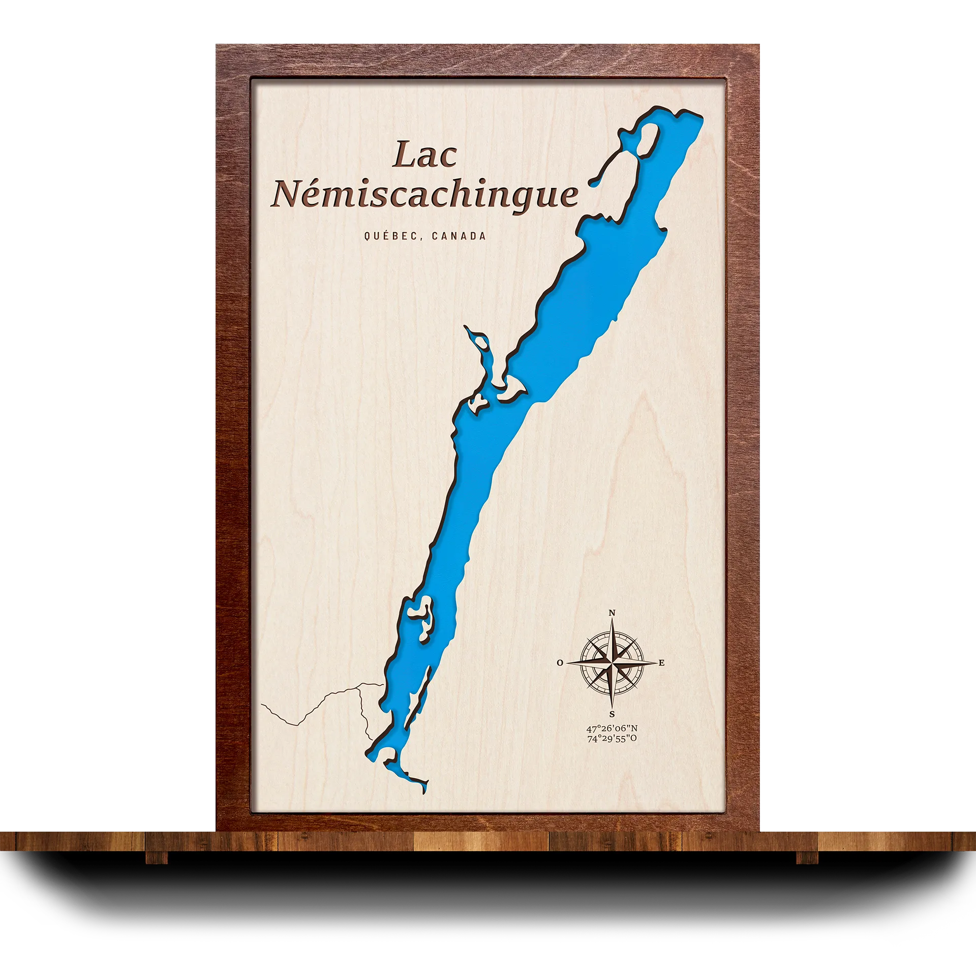 Handcrafted 3D wooden map of Lac Némiscachingue Québec, one water level and plywood frame
