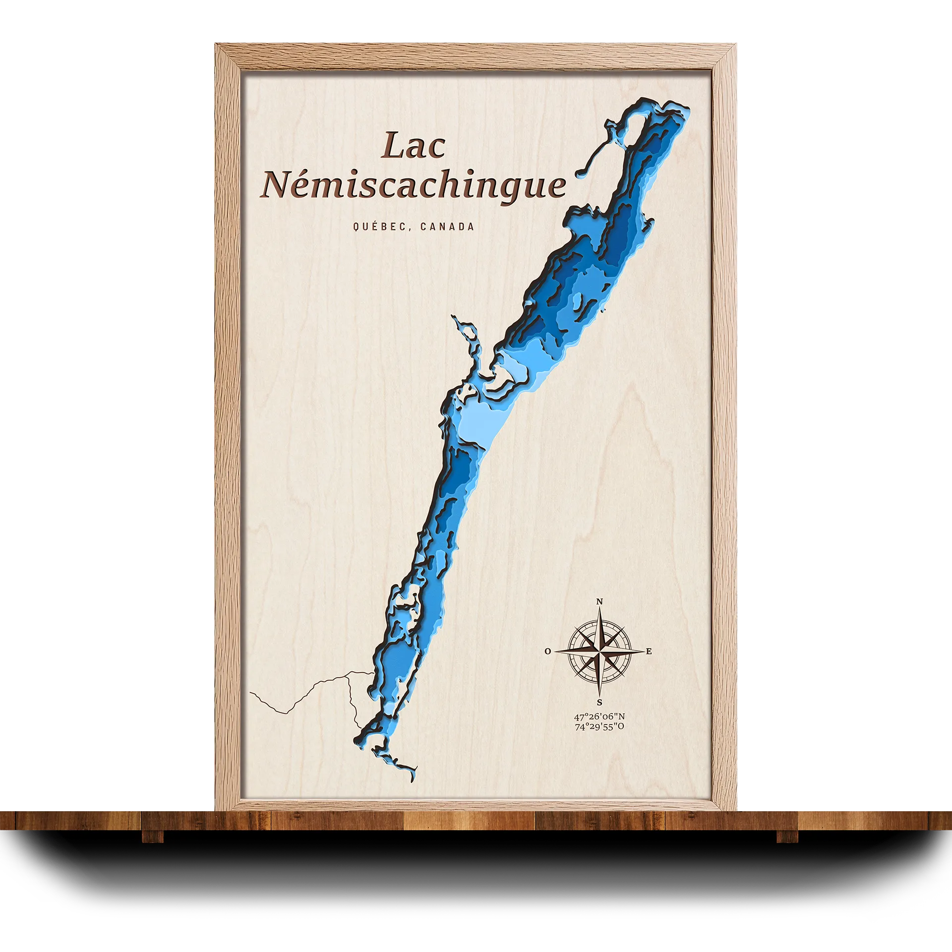 Handcrafted 3D wooden map of Lac Némiscachingue Québec, 5 water levels and oak frame