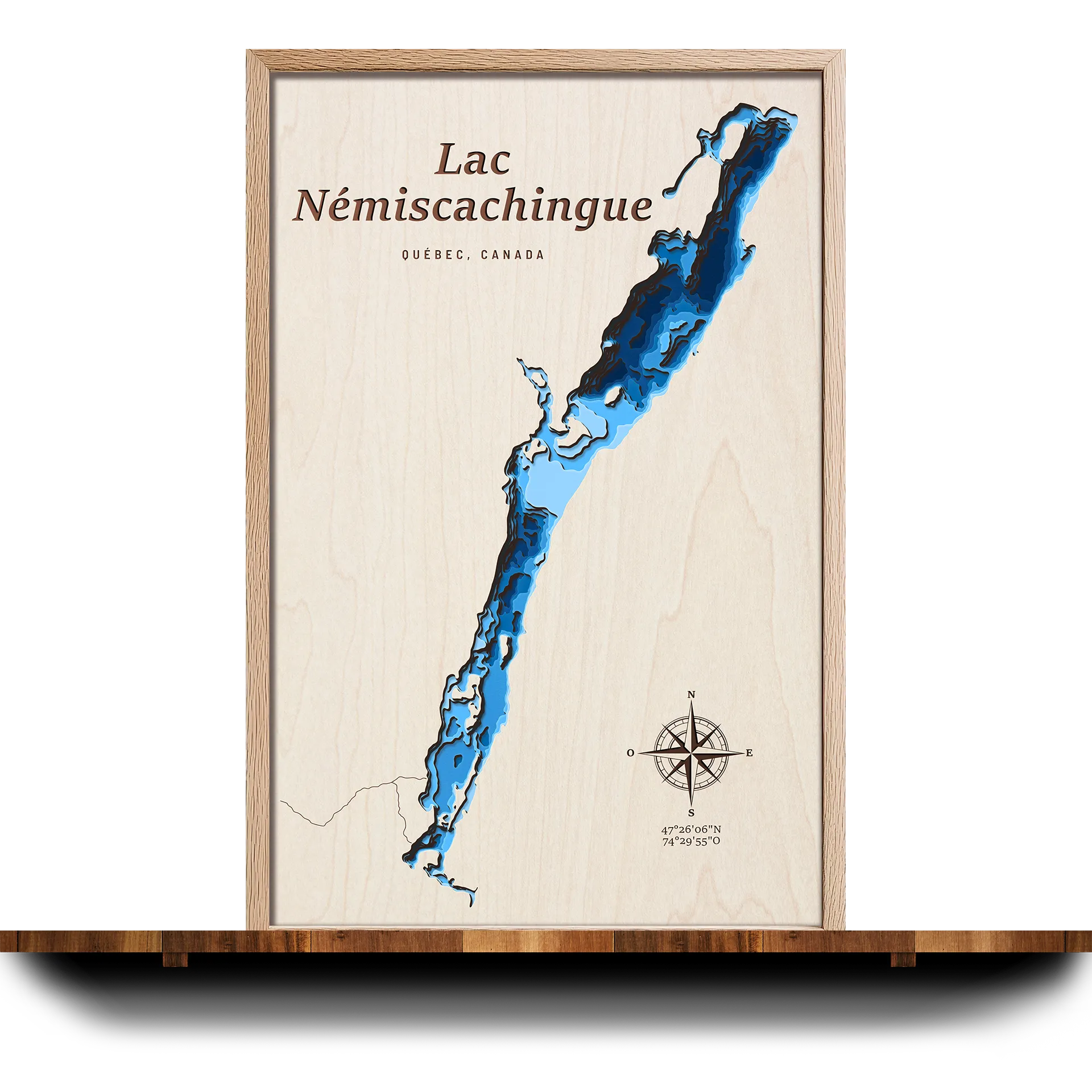 Handcrafted 3D wooden map of Lac Némiscachingue Québec, 7 water levels and oak frame