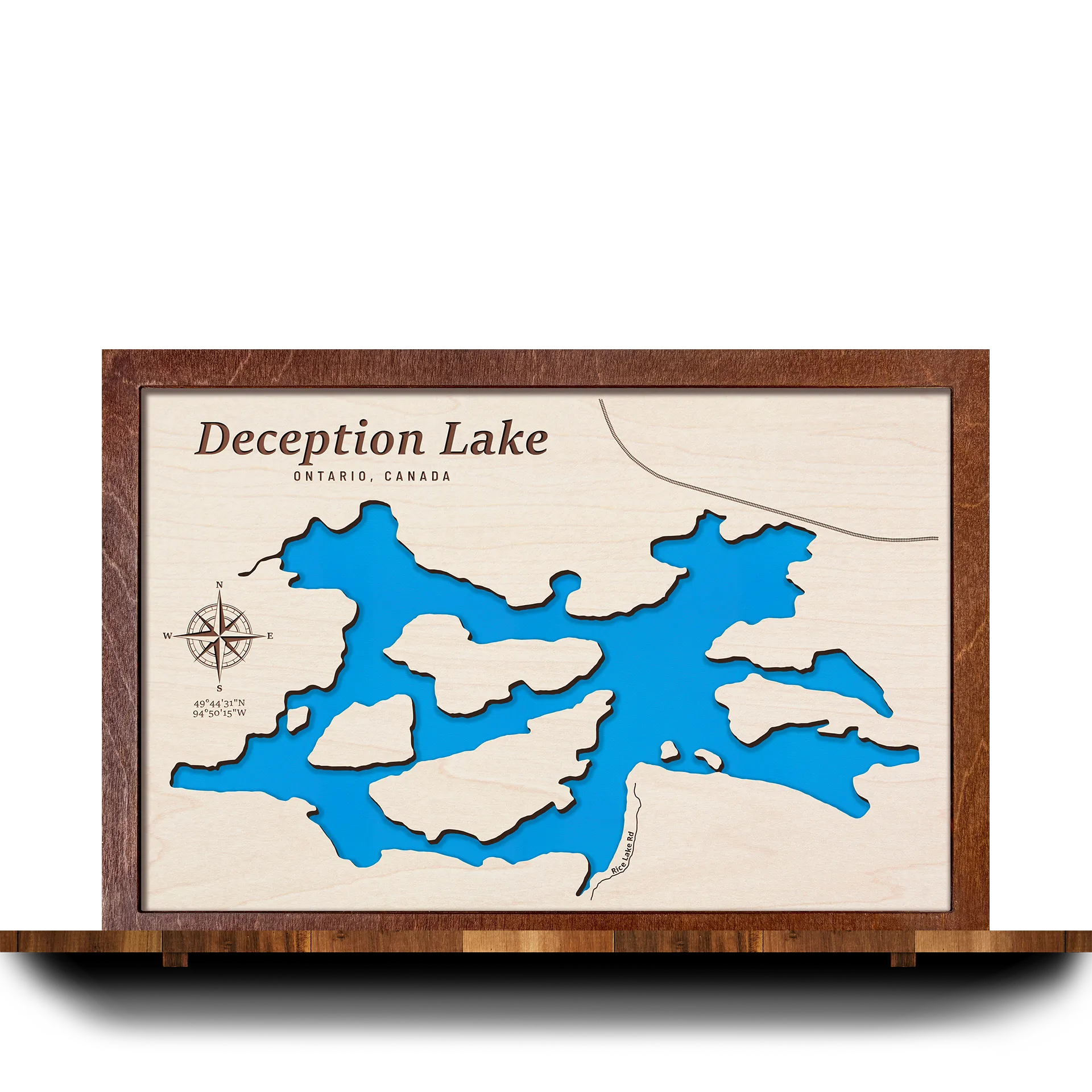 Handcrafted 3D wooden map of Deception Lake, Ontario, one water level and plywood frame