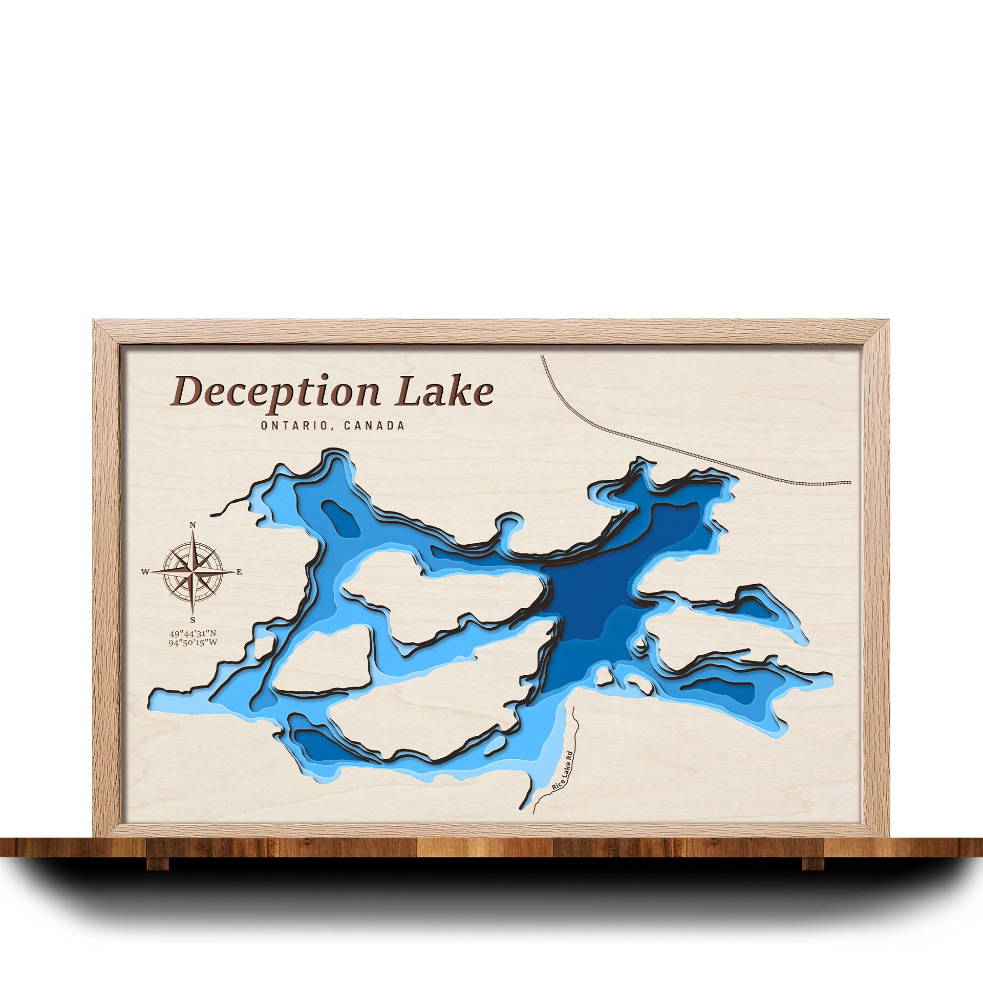Handcrafted 3D wooden map of Deception Lake, Ontario, 5 water levels and oak frame