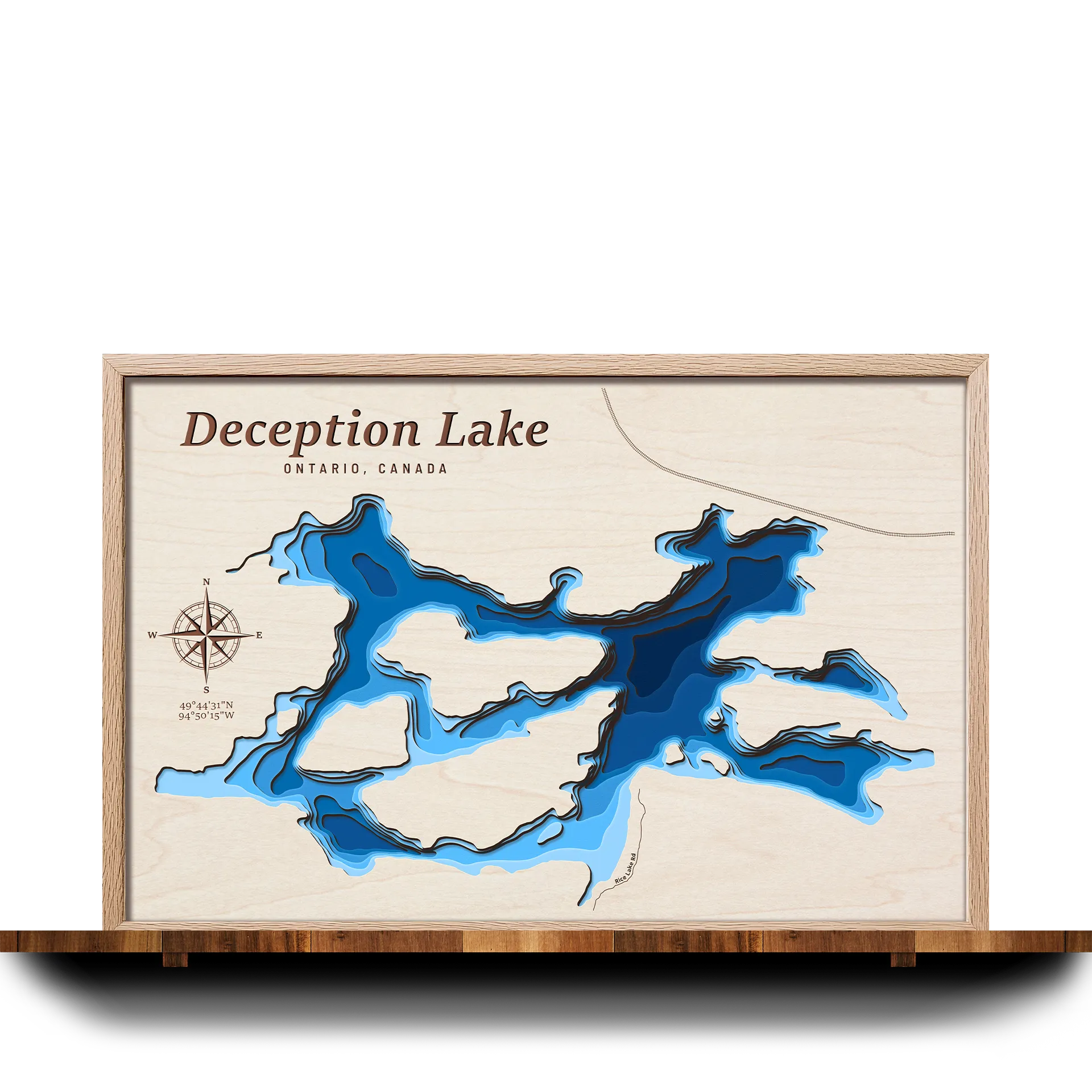 Handcrafted 3D wooden map of Deception Lake, Ontario, 7 water levels and oak frame